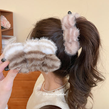 Faux Fur Pom Ball Twist Hair Clip White Pink Coffee