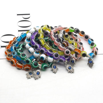 Colorful Evil Eye Bead Hamsa Charm Stretch Bracelets