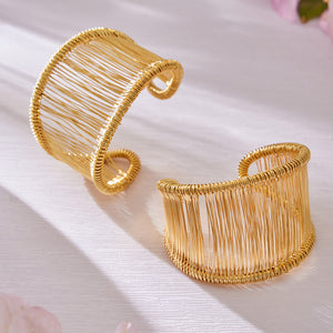 Wire-Wrapped Open Cuff Bangle Gold Or Steel Wide Band