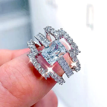 White Gold Three-Piece Princess Clear Stone Ring Set 6-10