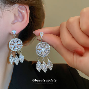 Silver Tone Crystal Wheel Drop Earrings with Teardrops