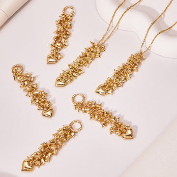 Multi Heart Cascade Necklace Drop Earrings Gold Steel Cluster