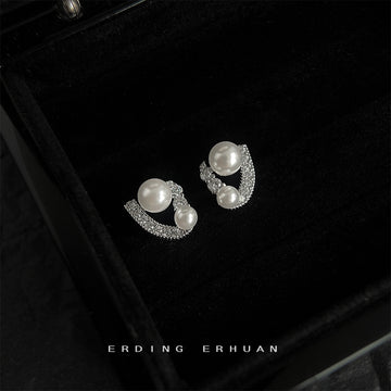 Geometric Dual Pearl Pave Curve Silver Stud Earrings