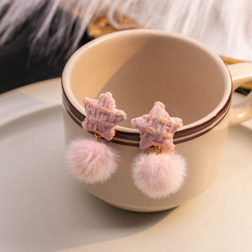 Eight Plaid Star Heart and Fuzzy Ball Stud Earrings
