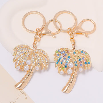 Rhinestone Palm Tree Keychain Pearl Coconut Metal Bag Charm