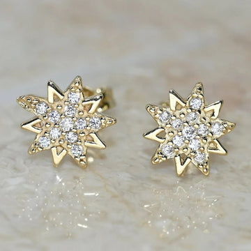 Gold Tone Eight Point Star Stud Earrings With Clear Stones