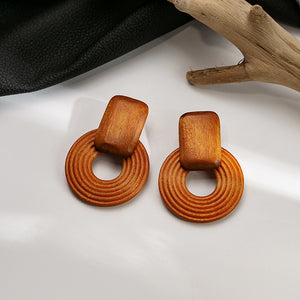 Round Brown and White Concentric Wood Drop Earrings, Geometric
