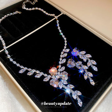 Silver Crystal Flower Leaf Cascade Necklace Or Earrings