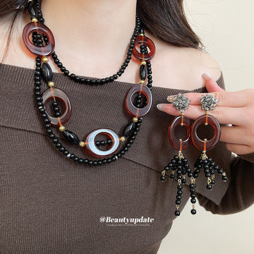 Black Brown Circle Bead Necklace Tassel Earring Styles