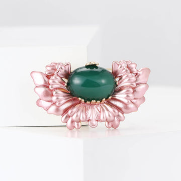 Pink Petal Flower Brooch with Oval Green Center Stone