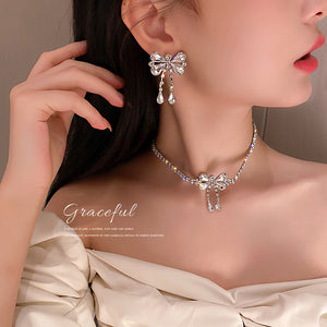 Silver Tone Crystal Bow Drop Earrings Or Matching Necklace