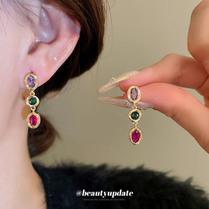 Rainbow Crystal Oval Gold Tone Statement Drop Earrings