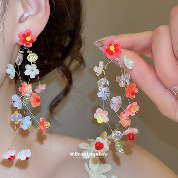 Colorful Floral Branch Dangle Earrings With Bead Accents