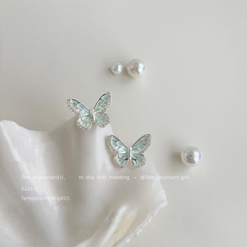 Silver Tone Pale Green Translucent Butterfly Stud Earrings