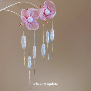 Pink Floral Pearl Chain Tassel Stud Earrings Fashion Jewelry