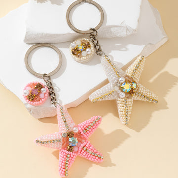 Beaded Rhinestone Starfish Keychain With Charm Dangle