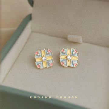 Gold Square Pastel Enamel Cross Crystal Stud Earrings