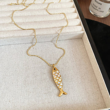 Gold Tone Fish Pendant Necklace With White and Blue Enamel Styles