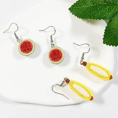 Main product view of realistic Banana and Watermelon Drop Earrings with Random Fruit Option