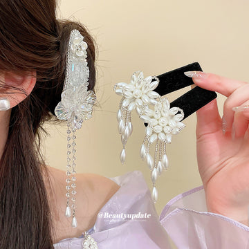 Pearl Flower Velvet and Crystal Flower Hair Clips Two Styles