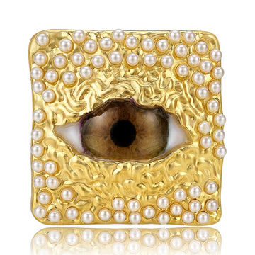 Pearl Square Eye Brooch in Detailed Metal for Jackets and Scarves