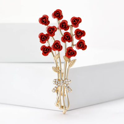 Red Enamel Rose Bouquet brooch front view on a white background