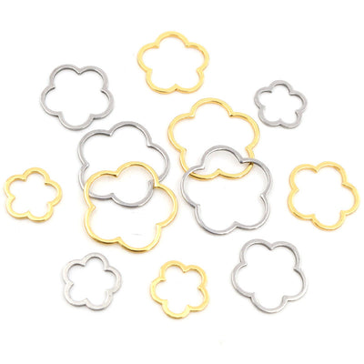 Open Flower Outline Charms in Three Sizes and Mixed Packs assortment on a plain background