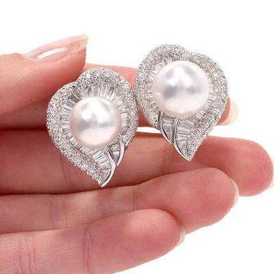 Silver Tone Leaf Faux Pearl Crystal Stud Earrings front product view