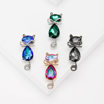 Crystal Cat Brooch Bow Teardrop Body Rhinestone Tail Pin