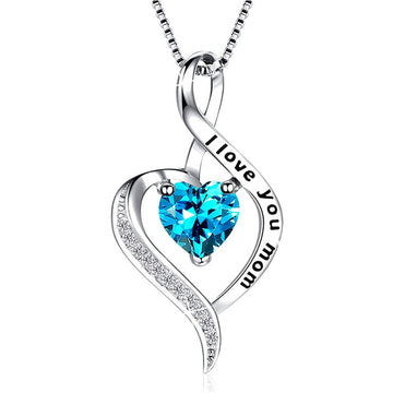 Silver Tone Mom Heart Blue Crystal Pendant Necklace