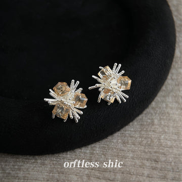 Silver Tone Champagne Square Stone Ice Flower Cluster Stud Earrings