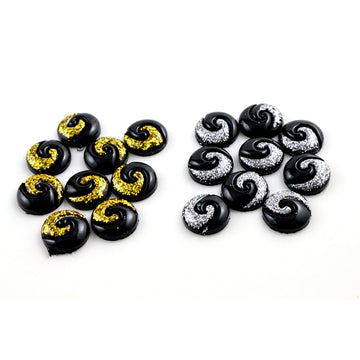 Yin Yang Round Resin Cabochons in Black Gold and Silver