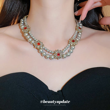 Layered Gray Pearl Like Necklace with Floral Crystal Accents