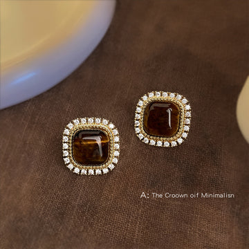 Gold Cushion Tiger Eye Clear CZ Halo Stud Earrings