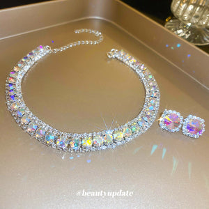 Silver Tone Iridescent Square Crystal Choker And Stud Earring Set