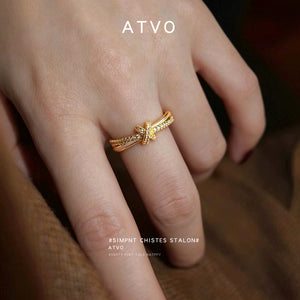 Gold Tone Clear Stone Bow Adjustable Open Ring For Women