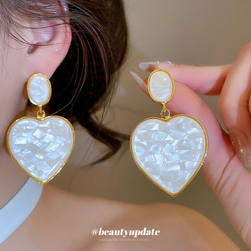 White Heart Drop Earrings with Gold Tone Borders Fashion Jewelry