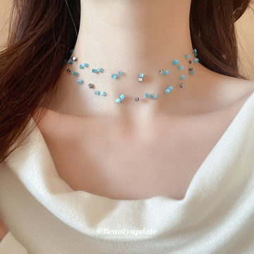 Blue Cube Bead Multi Strand Transparent Cord Choker Necklace