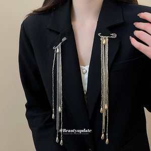 Safety Pin Multi-Chain Tassel Brooches Teardrop Ends Two Tones
