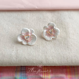 White Pink Enamel Flower Stud Earrings Heart Clear Stone