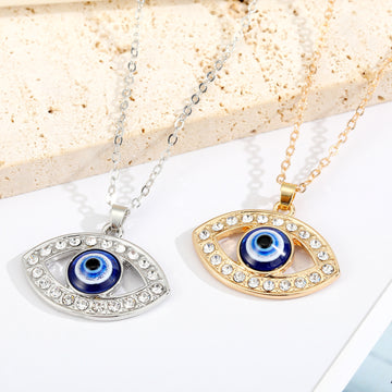 Almond Crystal Halo Blue Evil Eye Necklaces in Two Finishes