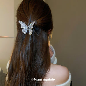 Silver Tone Butterfly Hair Claw With Clear Baguette Crystal Wings