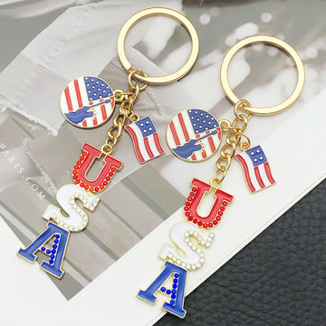 USA Flag and Rhinestone Patriotic Enamel Keychains, 5 Designs