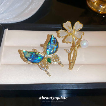 Blue Shell Like Butterfly Brooch And Gold Bear Letter M Brooch
