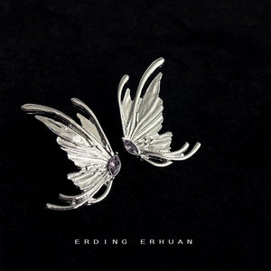Silver Tone Butterfly Wing Purple Crystal Stud Earrings