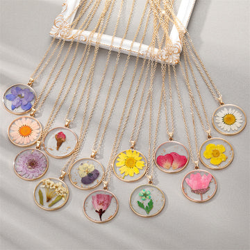 Gold Tone Birth Month Pressed Flower Resin Necklaces and Pendants