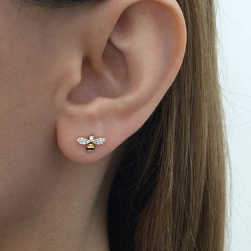 Tiny Crystal Bee Stud Earrings in Gold and Silver Tones