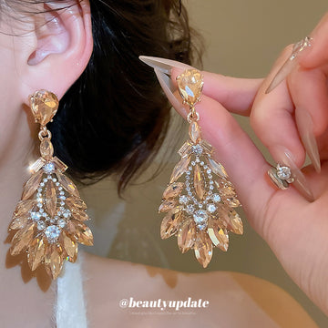 Gold-Tone Crystal Leaf Cluster Drop Earrings - One Style