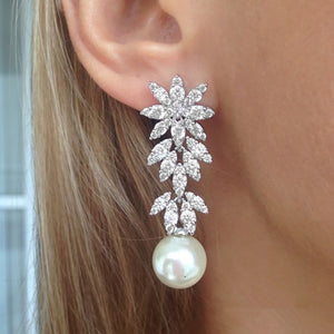 White Gold Tone Crystal Flower Leaf Faux Pearl Drop Earrings