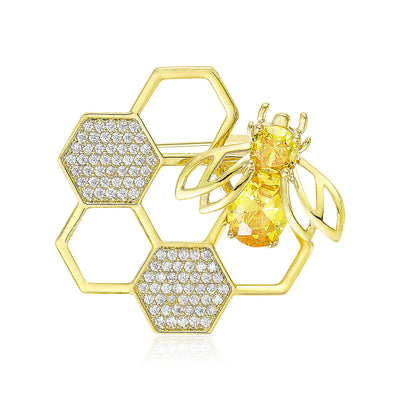 Gold bee honeycomb brooch yellow crystal bee clear rhinestone cells